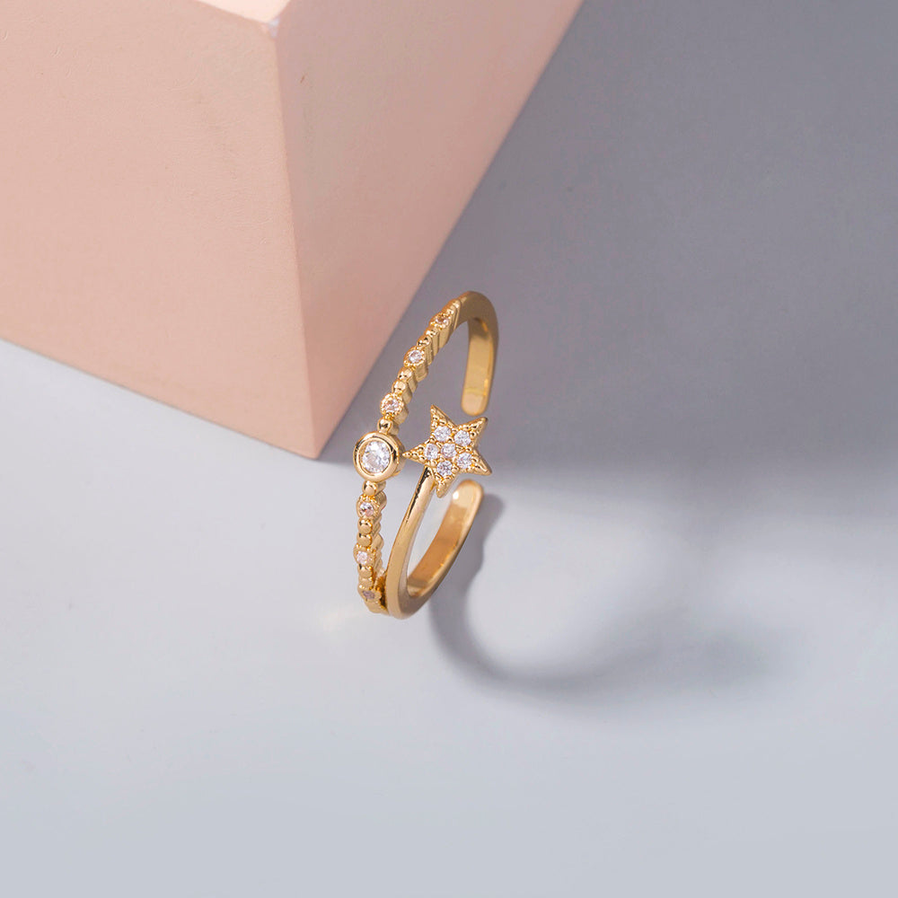 Gold Micro-Inlaid Pentagram Ring for Women – Adjustable Copper Band with Electroplated Finish