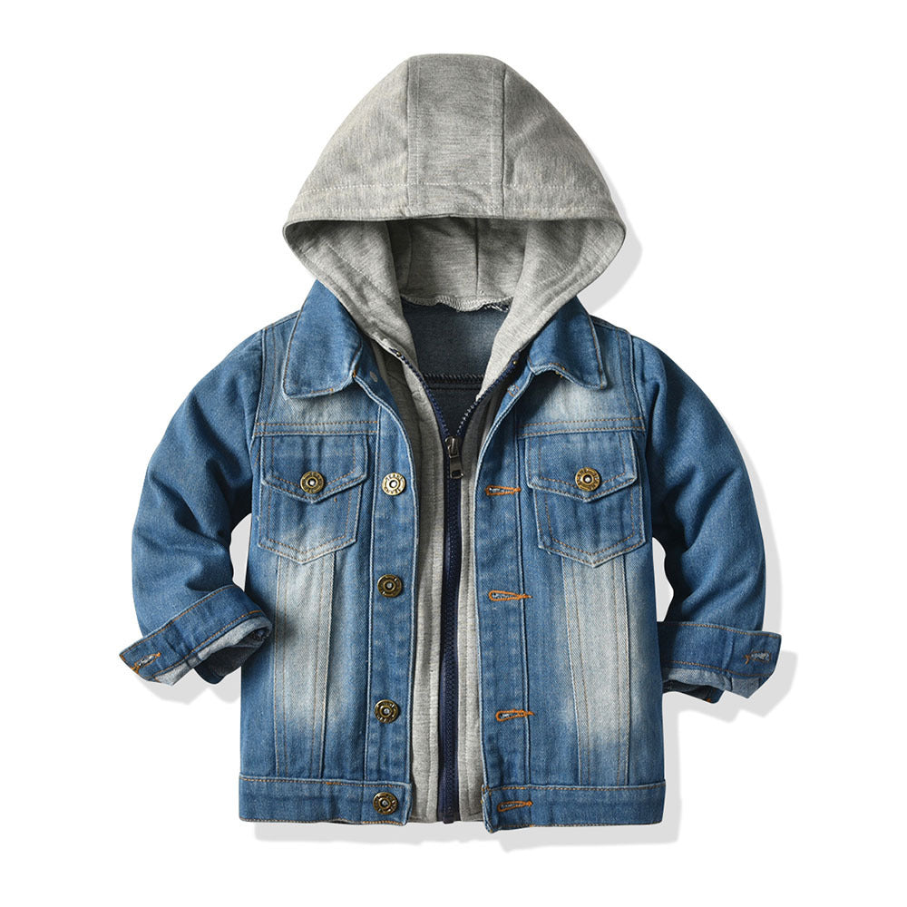 Children’s Fake Two-Piece Denim Jacket – Hooded Fashion Casual Top for Kids