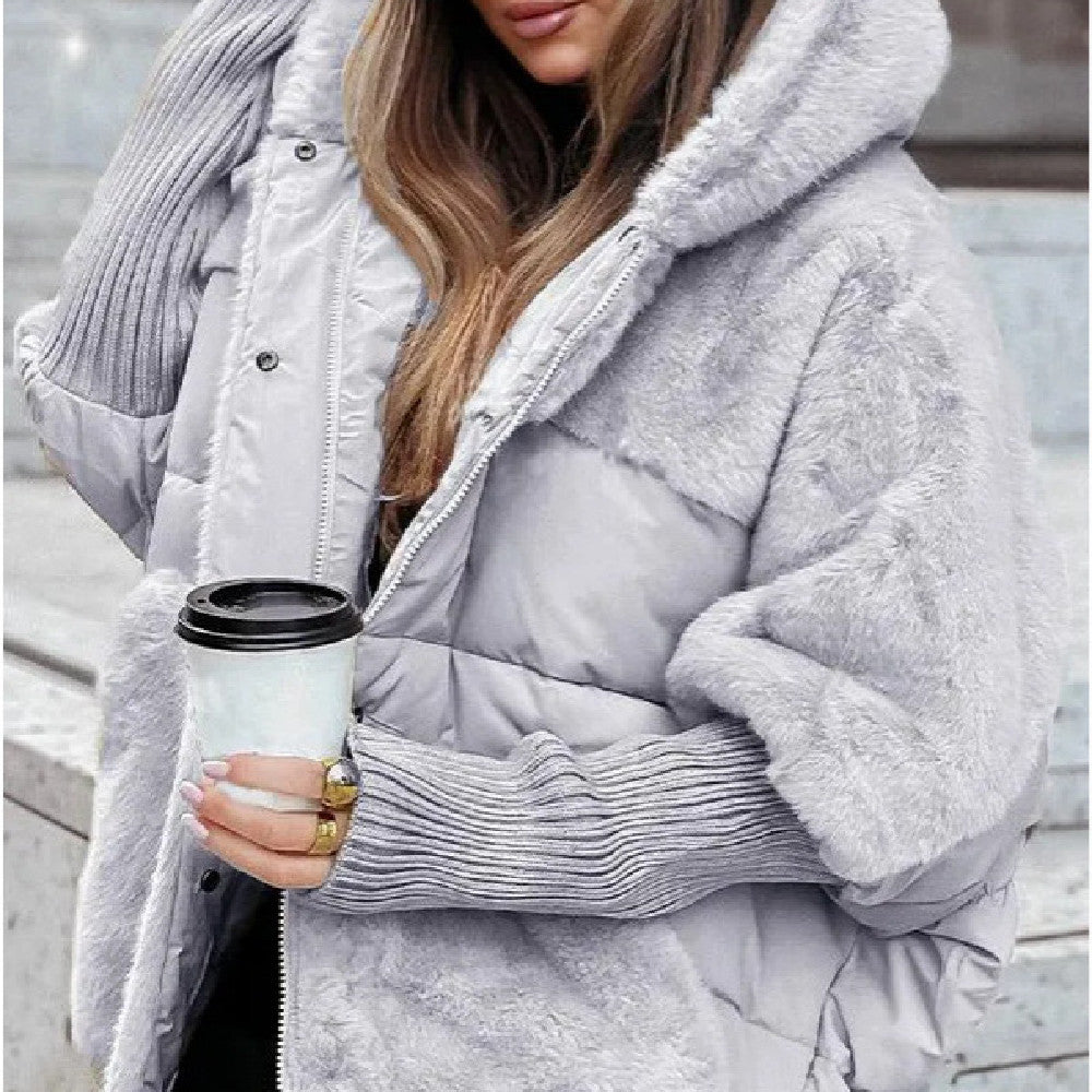 Women’s Loose Cotton Coat – Faux Fur Patchwork, Winter Hooded Jacket, Comfort Chic Long Sleeve Outerwear