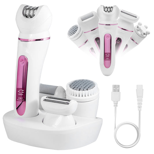 5-in-1 Electric Body Epilator Rechargeable Women’s Grooming Kit – Shaver, Facial Brush, Callus Remover, 5-Point Massager, LED Light & Display, Charging Base