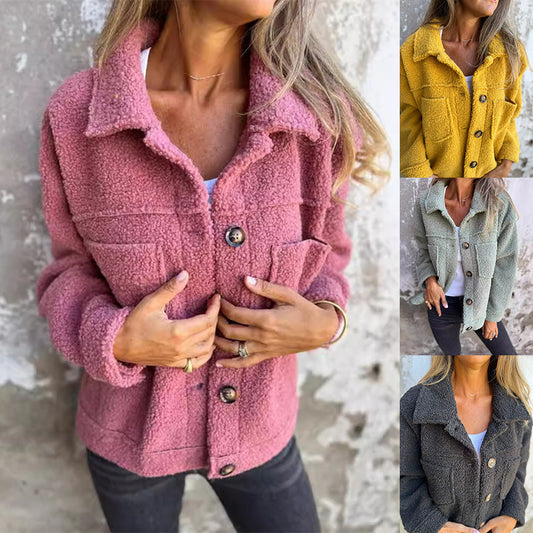 Women’s Lamb Wool Coat – Winter Lapel Single Breasted Cropped Jacket, Warm Fleece Outwear Top