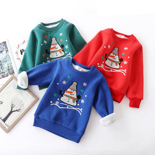 Christmas Snowman Plus Velvet Padded Baby Sweater – Warm Winter Holiday Top