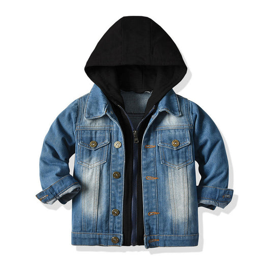 Children’s Fake Two-Piece Denim Jacket – Hooded Fashion Casual Top for Kids