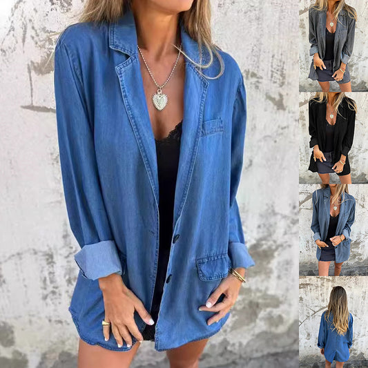 Women’s Denim Lapel Shirt Jacket – Solid Color Long-Sleeve Top, Casual Streetwear, Fashionable Autumn & Spring Daily Outerwear