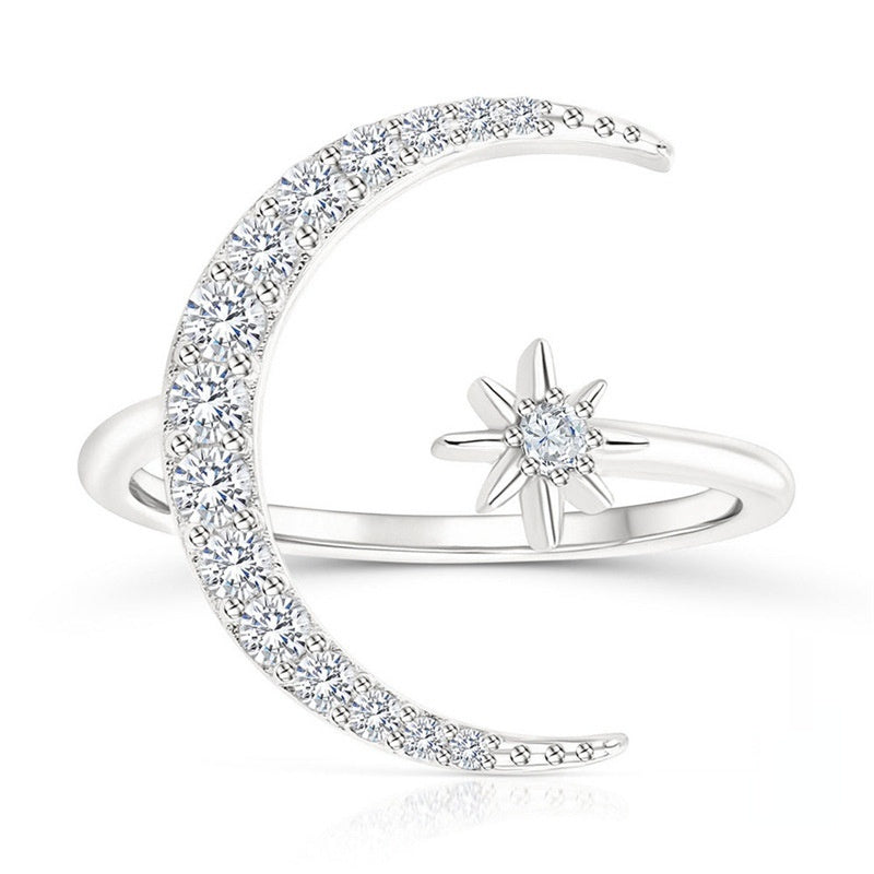 S925 Sterling Silver Star & Moon Adjustable Ring – Diamond Accent Open Band Celestial Jewelry