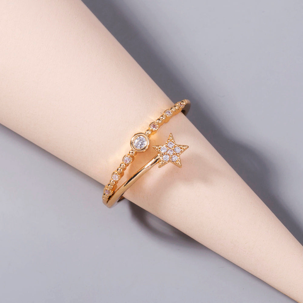 Gold Micro-Inlaid Pentagram Ring for Women – Adjustable Copper Band with Electroplated Finish