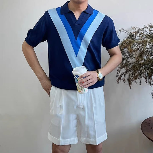 V-neck Short-sleeved Sweater Men's Striped