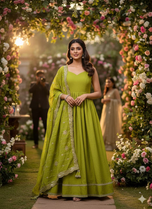 Elegant Lime Green Anarkali Dress with Dupatta & Potli Bag – Festive & Wedding Wear