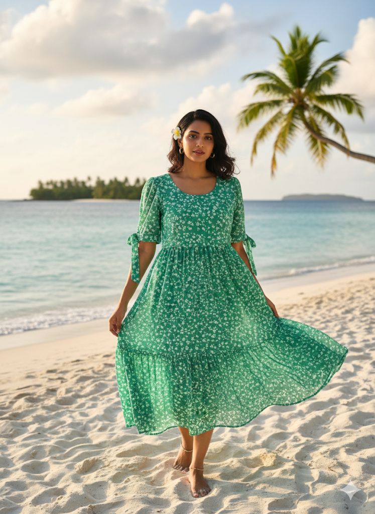 Vacation Special Floral Pleated Maxi Dress – Elegant Garden Print Fox Georgette Long Gown