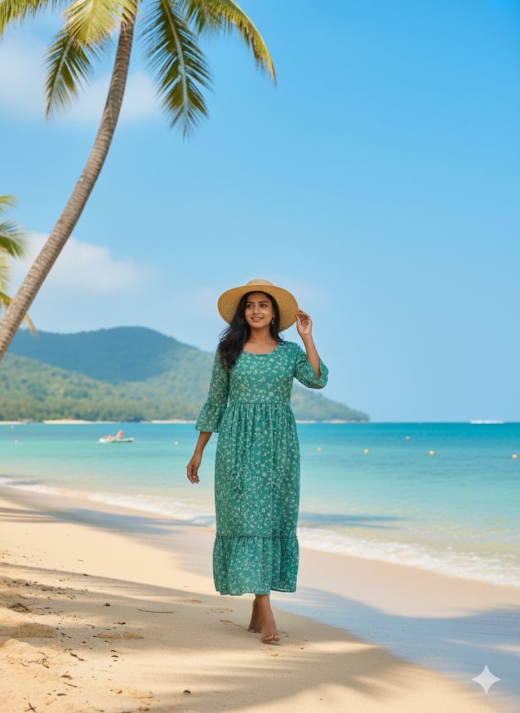 Vacation Special Floral Pleated Maxi Dress – Elegant Garden Print Fox Georgette Long Gown