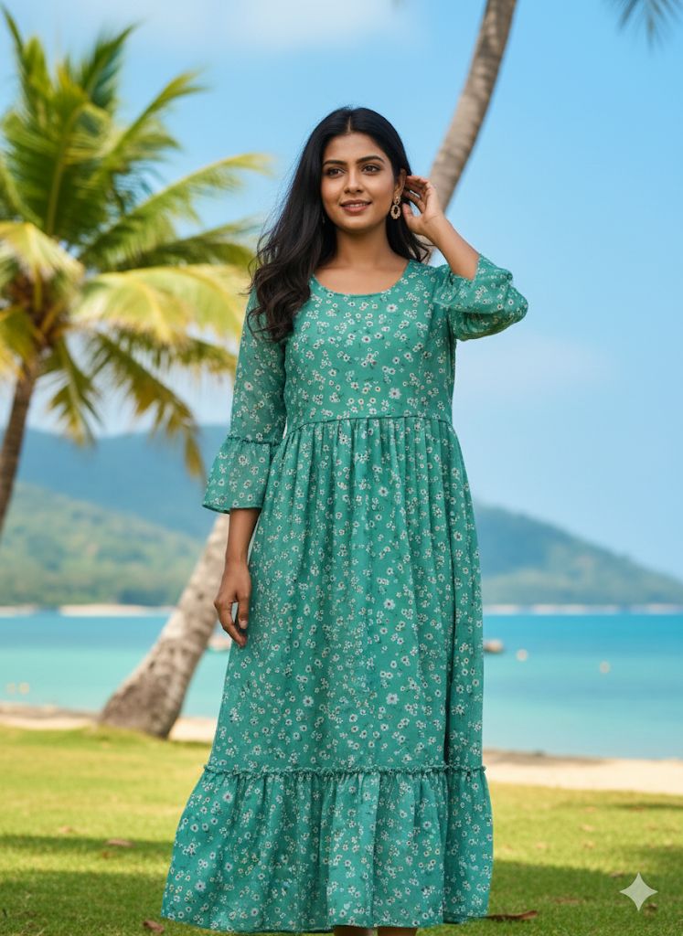 Vacation Special Floral Pleated Maxi Dress – Elegant Garden Print Fox Georgette Long Gown