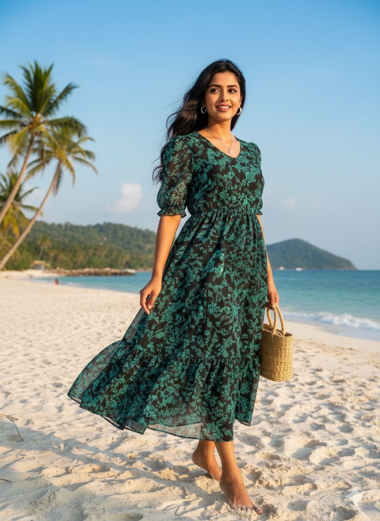 Vacation Special Floral Pleated Maxi Dress – Elegant Garden Print Fox Georgette Long Gown