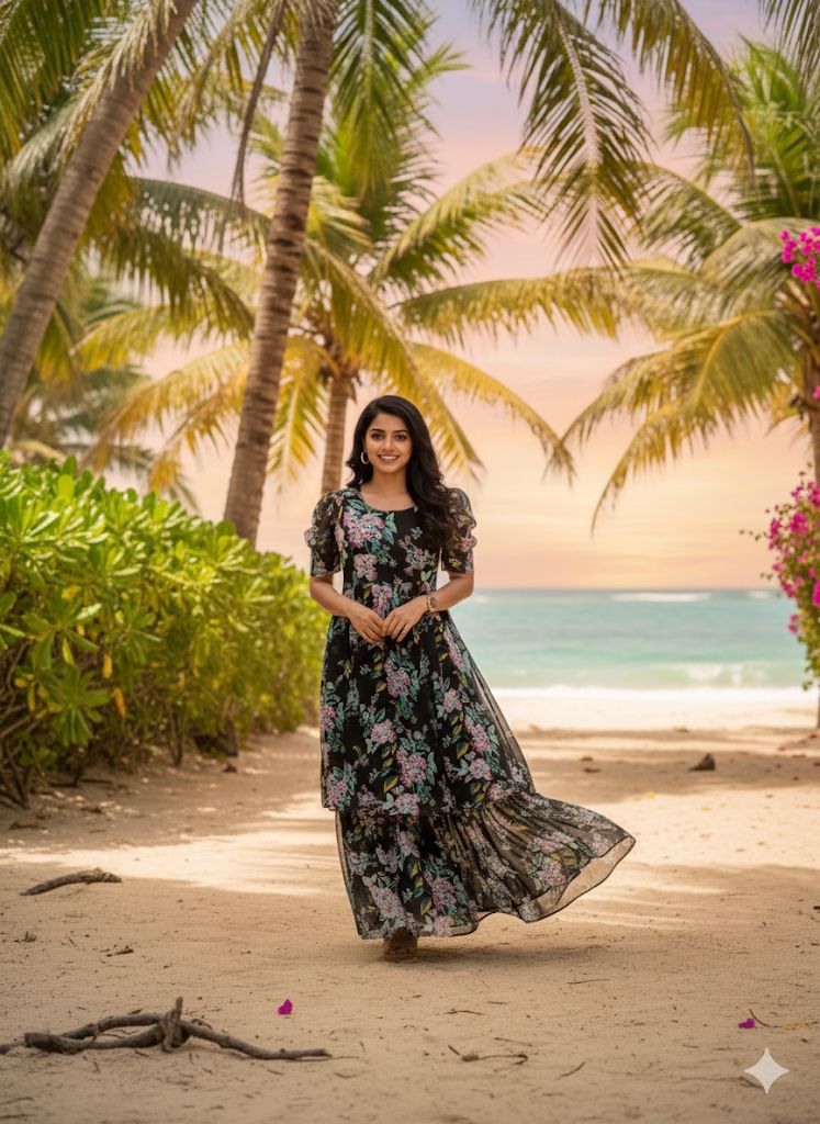 Vacation Special Floral Pleated Maxi Dress – Elegant Garden Print Fox Georgette Long Gown