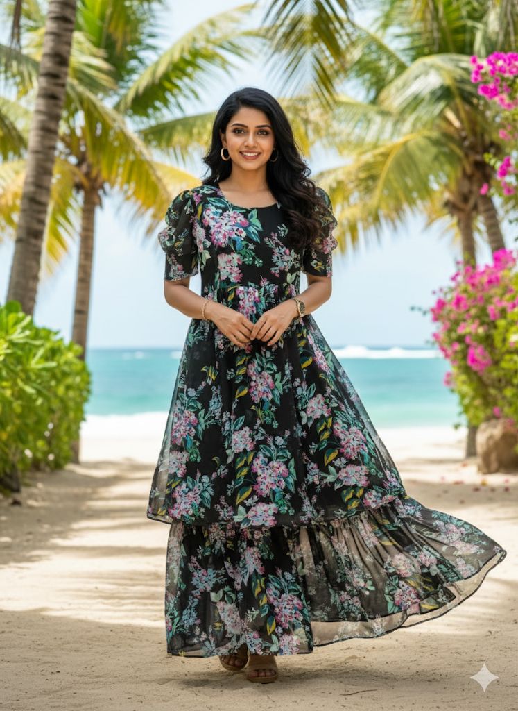 Vacation Special Floral Pleated Maxi Dress – Elegant Garden Print Fox Georgette Long Gown