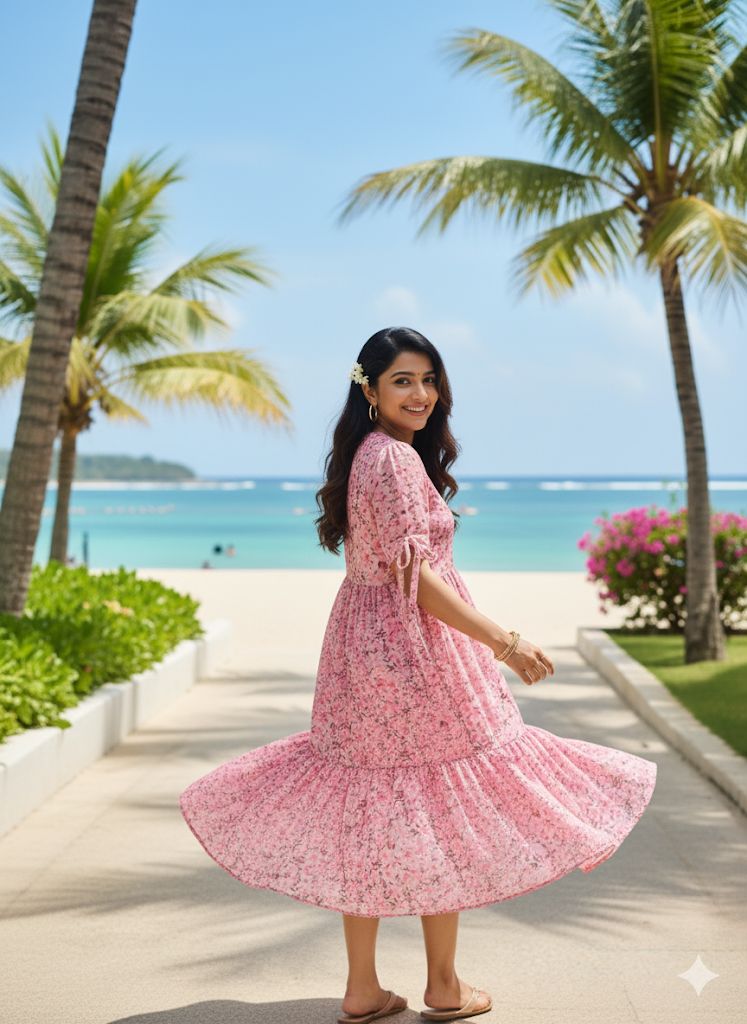 Vacation Special Floral Pleated Maxi Dress – Elegant Garden Print Fox Georgette Long Gown