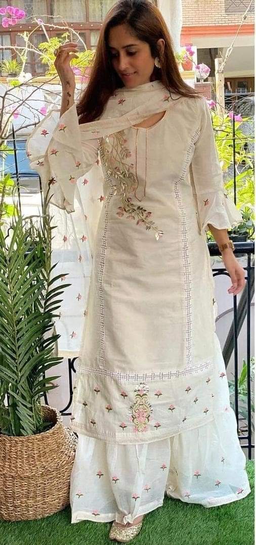 New Launch Pure Chandri Kurti Set with Sharara & Dupatta – Heavy Zari Embroidery & Lace | Malmal Cotton