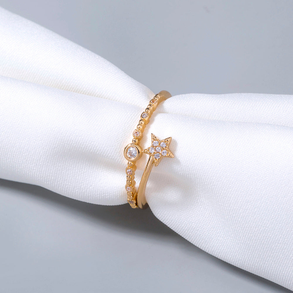 Gold Micro-Inlaid Pentagram Ring for Women – Adjustable Copper Band with Electroplated Finish