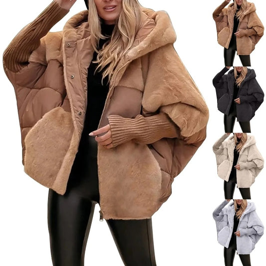 Women’s Loose Cotton Coat – Faux Fur Patchwork, Winter Hooded Jacket, Comfort Chic Long Sleeve Outerwear