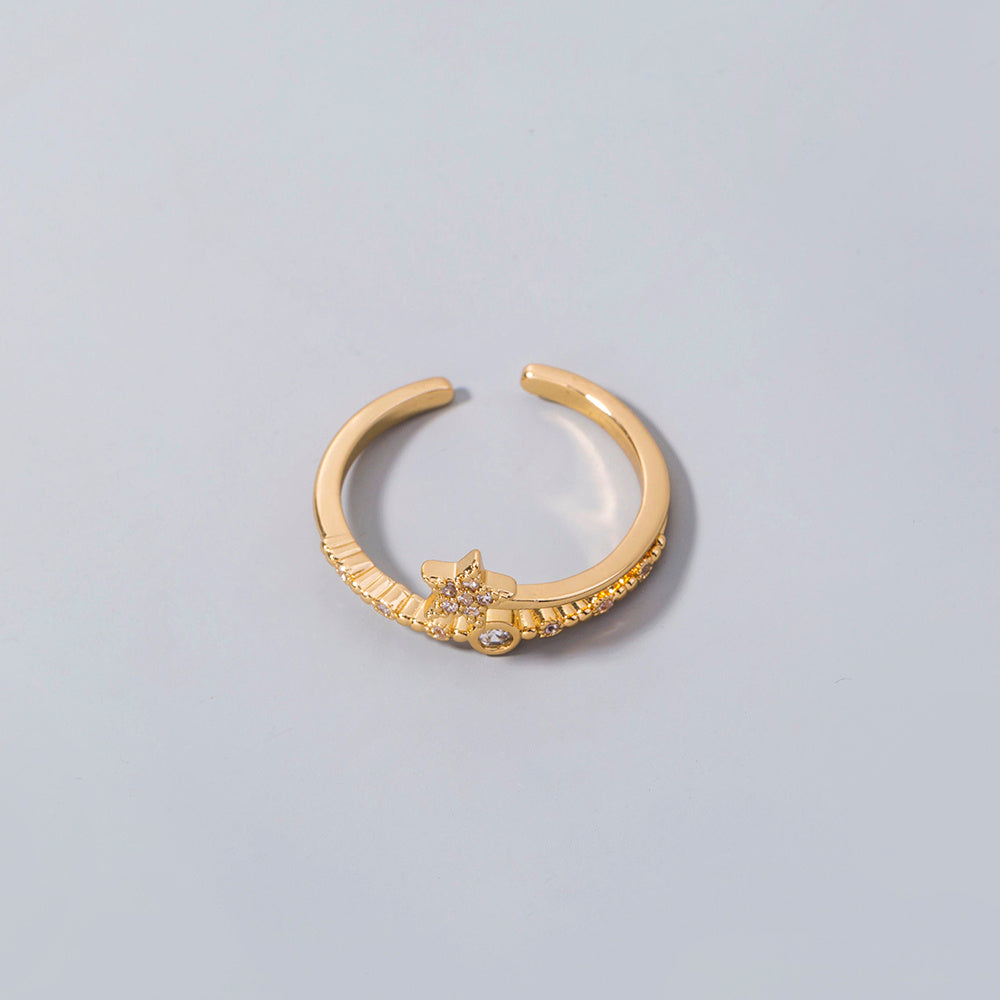 Gold Micro-Inlaid Pentagram Ring for Women – Adjustable Copper Band with Electroplated Finish