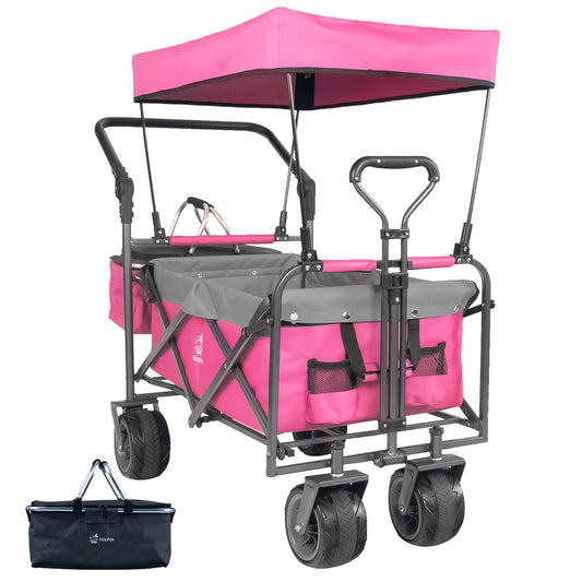 Collapsible 140L Folding Wagon Cart with Canopy & Cooler Bag – All-Terrain Wheels, Camping & Beach Wagon