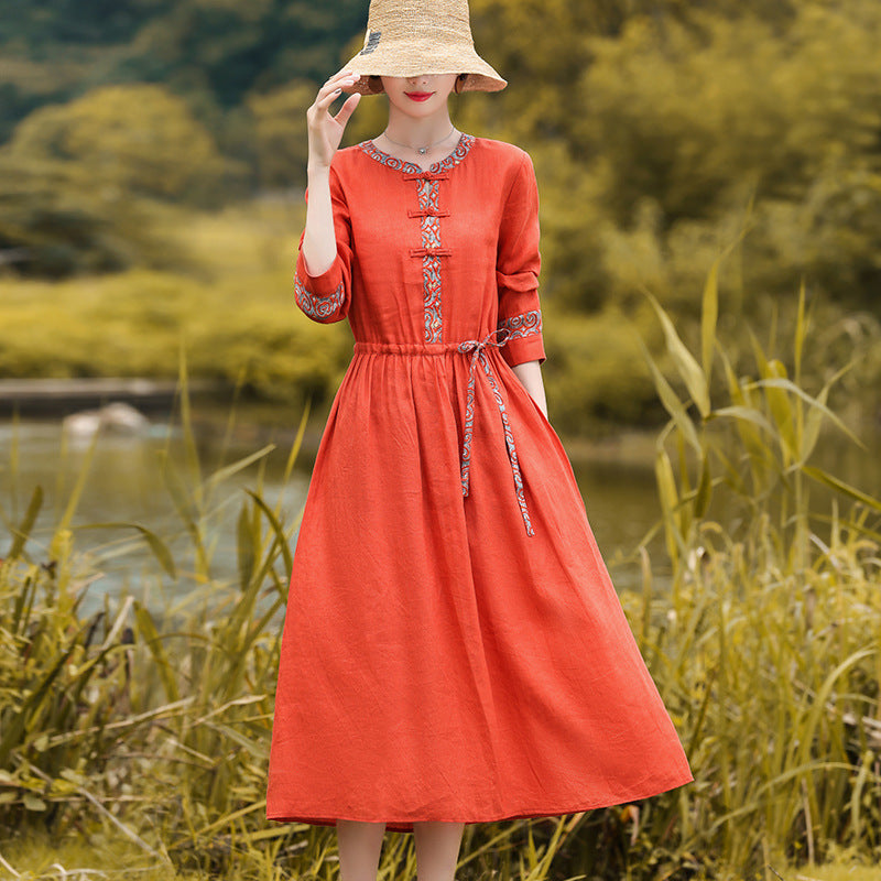 Vintage Cotton Linen Patchwork Midi Dress – Artistic Long Sleeve Round Neck, Women’s Lace-Up Cinched Waist