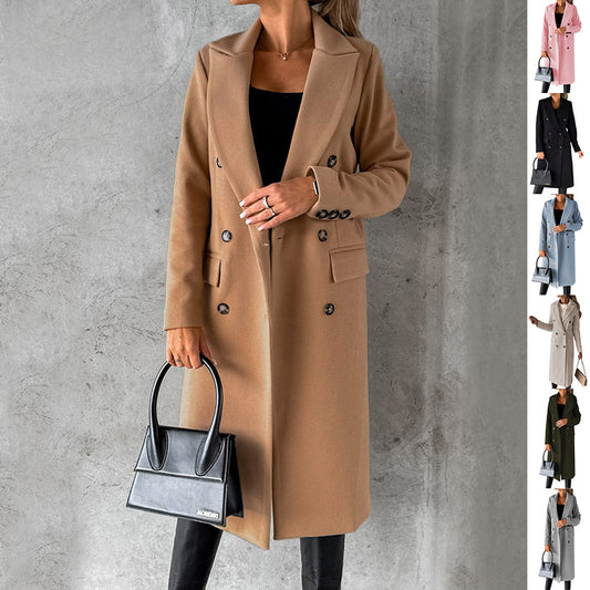 Women’s Double Breasted Lapel Winter Coat – Solid Slim Long Jacket, Fashionable Long Sleeve Top