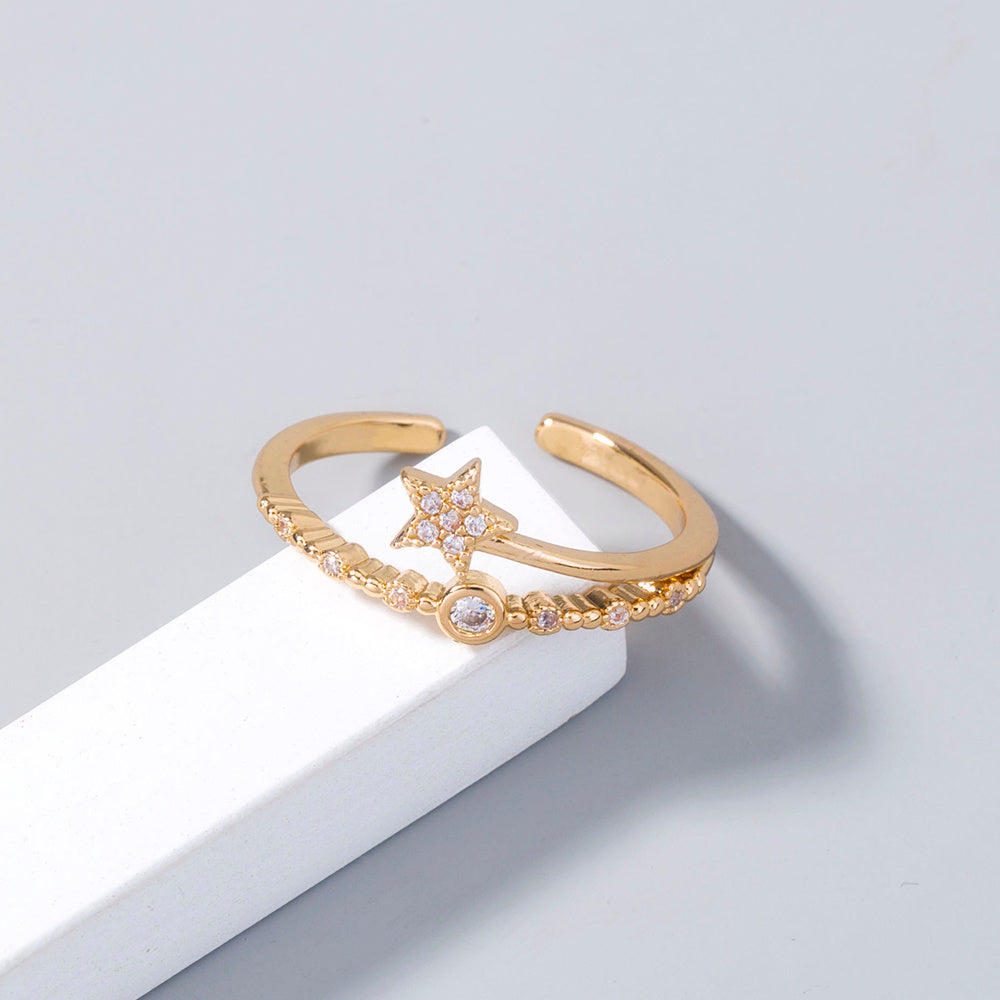 Gold Micro-Inlaid Pentagram Ring for Women – Adjustable Copper Band with Electroplated Finish