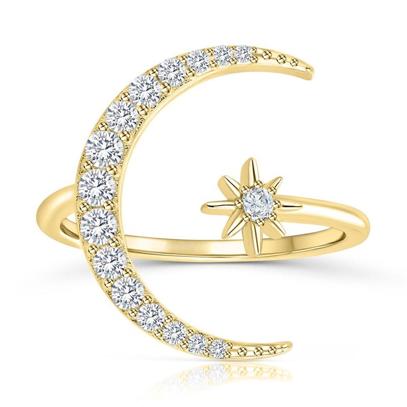 S925 Sterling Silver Star & Moon Adjustable Ring – Diamond Accent Open Band Celestial Jewelry