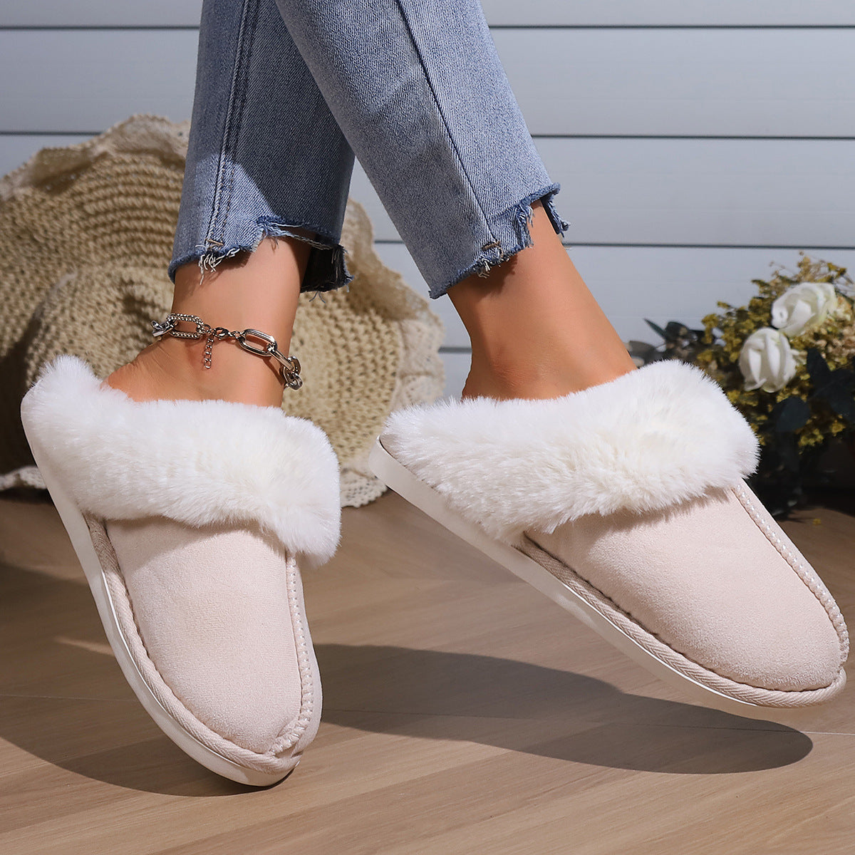 Fleece-lined Cotton Slippers – Autumn Winter Indoor Home Warm Fur Toe Cap Shoes