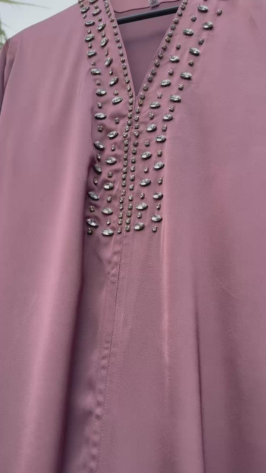 Traditional Abaya for Women – Satin Fabric with Handcrafted Stone Work – Free Black Stole